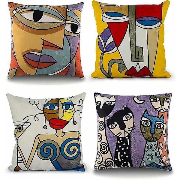 Set med 4 Picasso Kuddfodral 45x45 cm Broderade Bomull Linne Soffkuddar Skandinavisk Vardagsrumsdekoration Sovrum Säng Kontor Fåtölj D