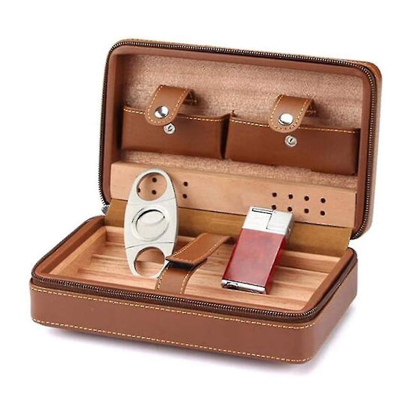 Bærbar læder rejse cigar etui: Cedar træ, Humidor befugter, Holder 4 cigarer