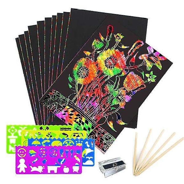 Magic Rainbow Scratch Paper Kunst Sæt - 50 stk Sorte Scratch Off Ark med 5 Træstylus - Kreativ Håndværkssæt til Børn