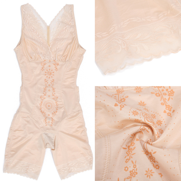 Blomsterprint mønster Mavekontrol Body Shapewear Slankende talje Trainer Bælte Bodysuit (Khaki)L