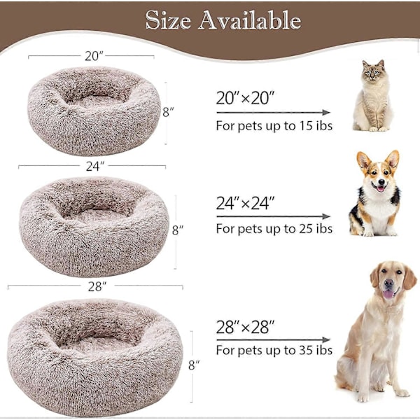 Beroligende hundeseng til små hunde, Komfortabel selvvarmende rund hunde- og katteseng med blød imiteret pels for anti-angst og hygge (61x61 cm, Khaki)