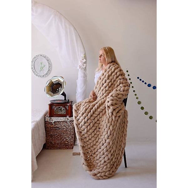 Paksu Merinovillainen Neulepeitto - Boho Koti Sisustus 100x130cm Ruskea