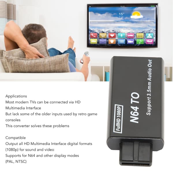 För N64 till HD Multimedia Interface-omvandlare 1080p Stöd PAL NTSC Videospelsadapter med 3,5 mm Interface