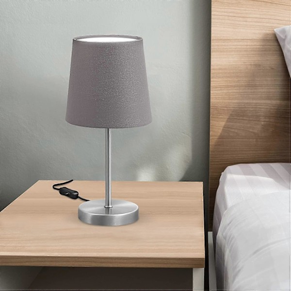 Moderne design bordlampe, grått stoff, matt nikkel metallbase, for E14 LED-pære, IP20