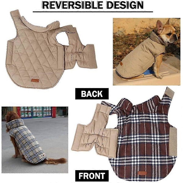 Hundefrakke Hundejakke til Hunde Hvalp, Polstret Puffer Vendbar Design Vest Regnfrakke, Beige, Xl (Bryst: 60-74cm, Ryg: 42cm)