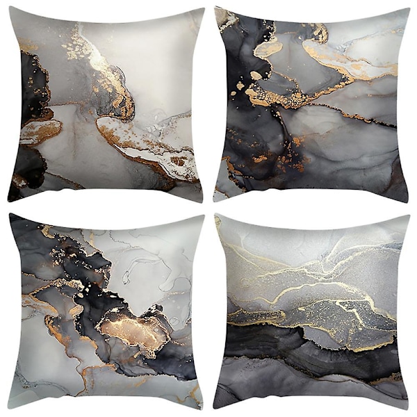 Set med 4 Kuddfodral Grå Marmor 45 x 45 cm Svart Gyllene Abstrakt Konst Sammet Mjukt Dekorativt Kuddfodral Prydnadskudde Överdrag för Soffa Sovrum Vardagsrum