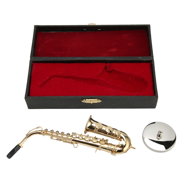 Mini altsaxofon prydnadsdekoration Handgjord miniatyrsaxofon med stativ Tiny altsaxofon dockhus 16 cm