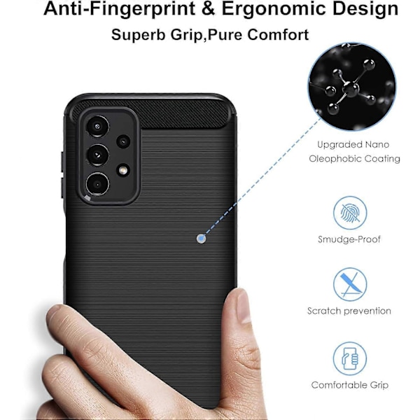 Svart Skal för Samsung Galaxy A13 4G / A13 5G / A04S med 3 Stycken Härdat Glas Skärmskydd, Kolfiber Mjukt TPU Skydd Stötsäker Silikon Pr