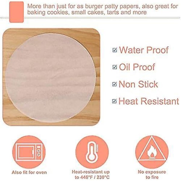 Perfekta hamburgerpapper i pergament - Non-stick, runda pergamentpapper för perfekta hamburgare, cheeseburgare, biffar - vaxpapper, bakpapper