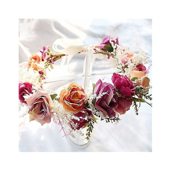 Bryllup Blomsterkrans Brudepike Rose Blomsterhodeplagg med Bånd Fotorekvisitter