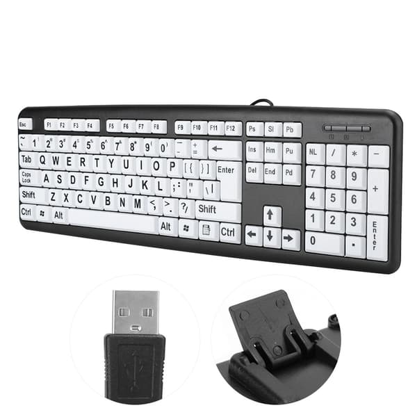 Sort Lavsynstastatur USB Kablet Tastatur til Ældre med Hvide Store Taster Sort