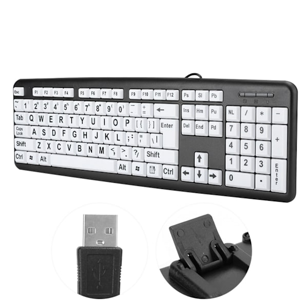 Svart Low Vision-tangentbord USB trådbundet gamlingtangentbord med vita print Svart