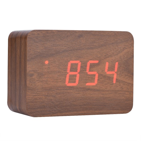 Trä Elektronisk Digital Väckarklocka Temperatur LED-display Ljudkontroll Brun