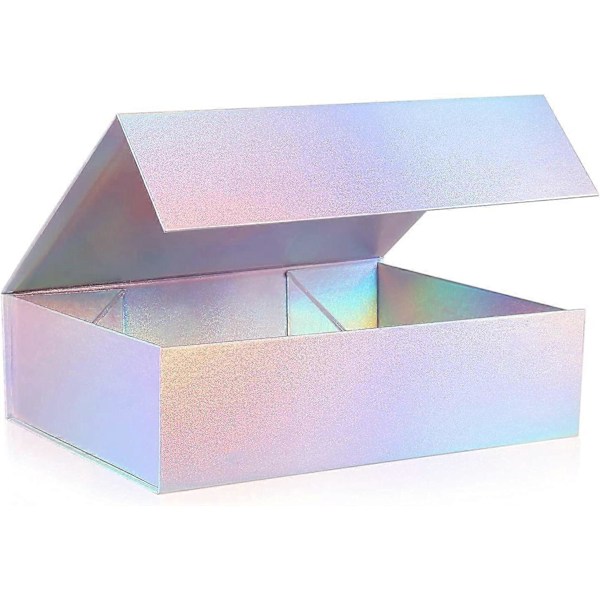 Magnetiske gaveæsker med låg (1 stk), 28x20x9 cm Store gaveæsker, holografisk sølv Luksuriøs stærk foldbar papæske med magnetisk lukning