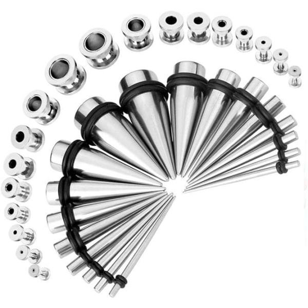 36 pakke utvidbare ørepropper (sølv) metall 18 ekspanderende ørepropper + 18 hull i rustfritt stål med doble kjøtthull 1,6 mm - 10 mm