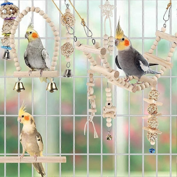 2025 Nya Fårelleksaker Undulatleksaker Fågelbur Tillbehör Papegoja Gunga Tugga Stående Hängande Sittpinne Hängmatta Klätterstege för Undulat, Parakit, Conure