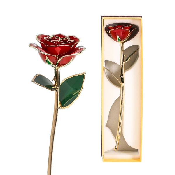 Pitkä varsi upotettu 24 k kultainen ruusu lahjapakkauksessa, jossa on selkeä näyttö, jalusta hänelle punaisia ​​ruusuja