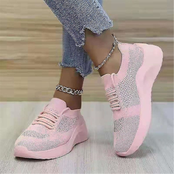 Rhinestone Mesh Lace-up Dam Athletic Running Sneaker43 Rosa