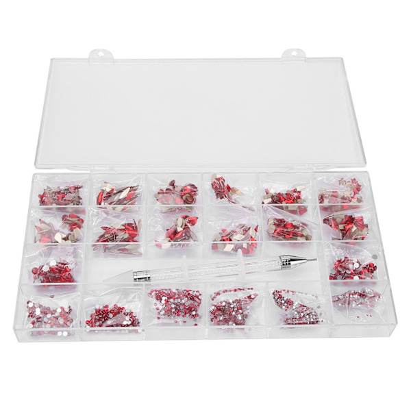 600+2500stk Rød Neglekunst Dekoration Flatback Glas Sten DIY Neglekunst Picker Dotting Pen Sæt