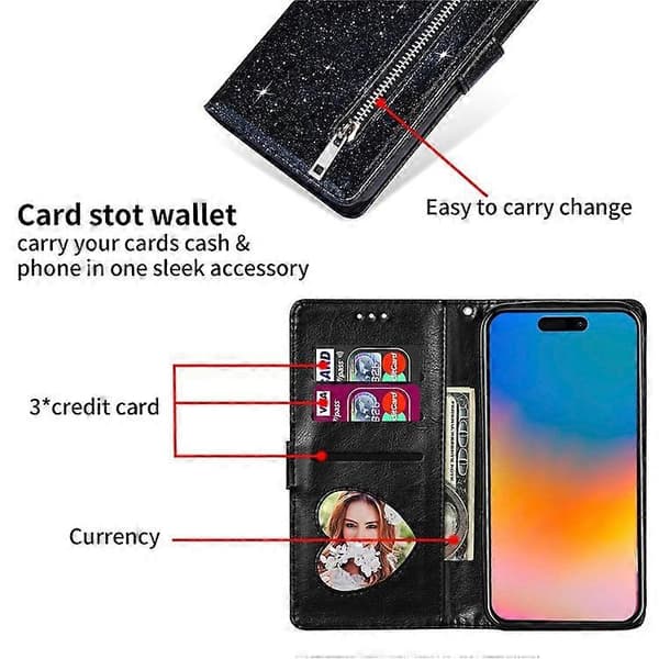 Kompatibel med iPhone 16 Pro Max Etui Glitter Læder Stativ Telefonetui Lynlåslomme Black