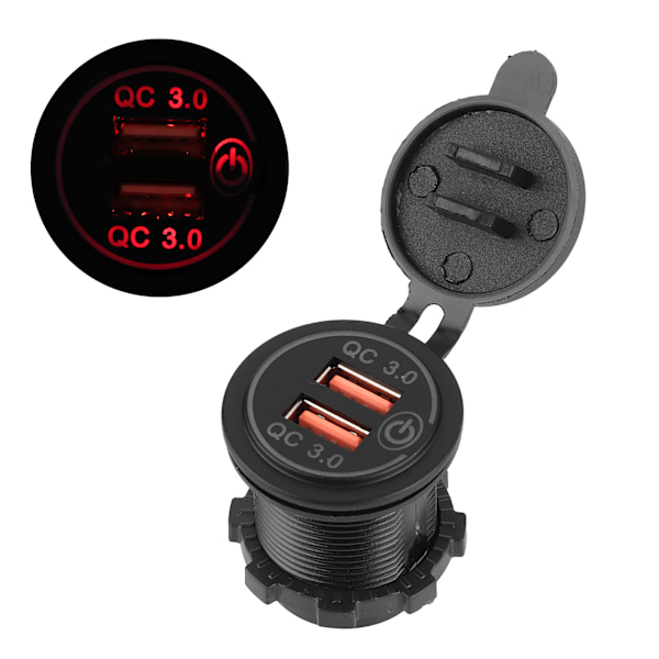 Biloplader Dobbelt USB-port QC3.0 Hurtigopladning med Touch-kontakt til 12-24V Båd Motorcykel ATV RV Rød LED-indikator