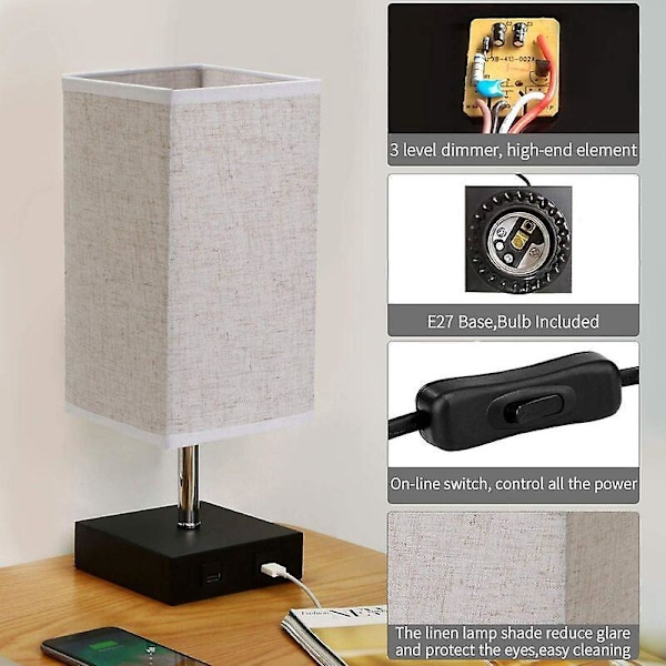 Dimbar 2 USB Touch Sänglampa med E27 Glödlampa Beige Tyglampskärm Bordslampa för Sängbord Bar Sovrum Vardagsrum Hotell Café Barnrum Vardagsrum