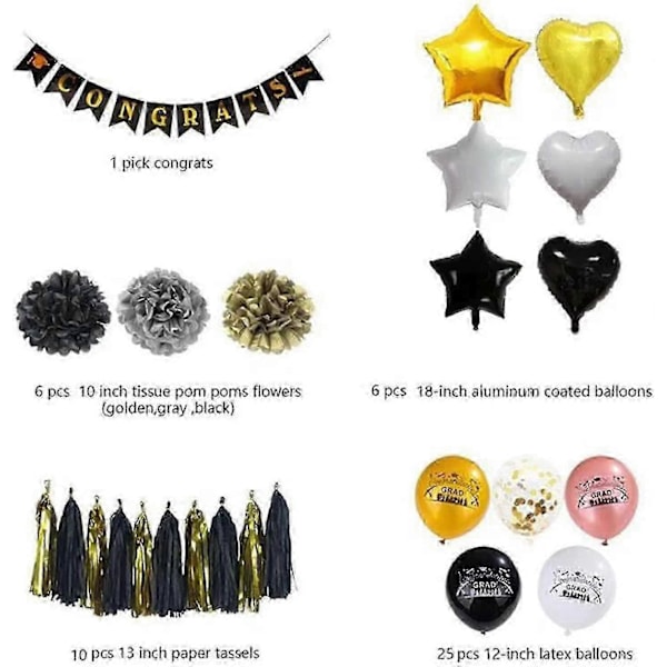 Dekorasjonspakke for Graduation, Inkludert Banner, Hengende Virvler, Ballonger