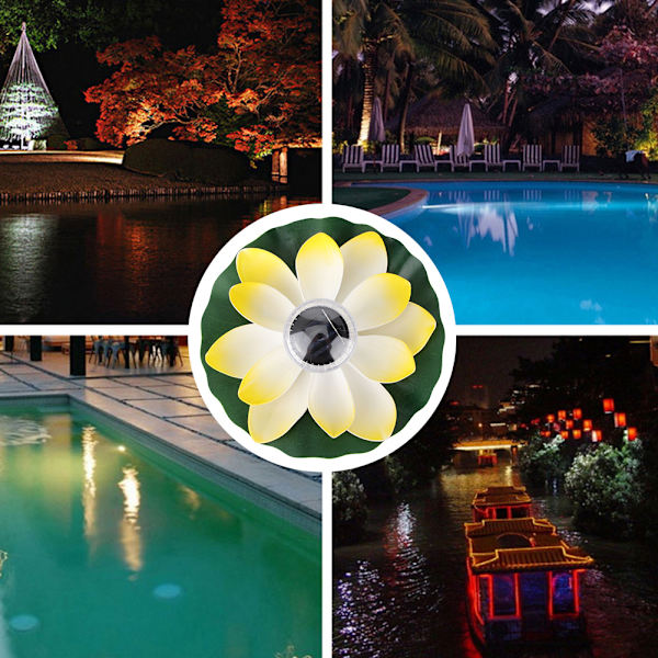 Solcelledam Lys LED Fargeskiftende Lotus Blomst Vanntett Flytende Lampe Lysegul