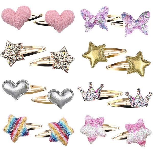 Glitter metall hårspännen för tjejer - 16 delar, stjärna/krona/hjärta/fjärilsformade - Kawaii tillbehör