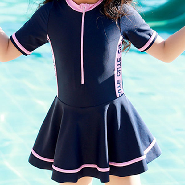 Flickor kjol en del baddräkt zip upp flickor simma coverups strand badkläder för simbassäng marinblå korta ärmar 4XL(135‑145cm)