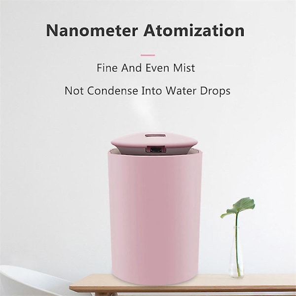 Bärbar Mini Luftfuktare med LED Nattlampa, 260ml Dimluftfuktare för Bil Kontor Rum Sovrum Skrivbord Hem Resa, Supertyst (Rosa)