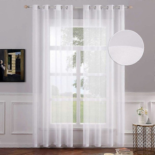 Sett med 2 lette voilegardiner med maljer, transparent utseende, gardiner laget av voile polyester, maljegardin, transparent, 132x160 cm (BxH), hvit