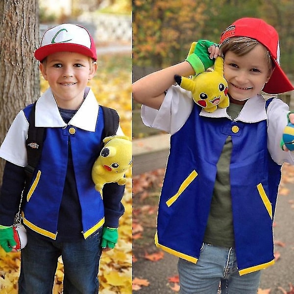 Anime Blå Jakke Kostume til Mænd, Kvinder, Drenge og Piger - Ash Ketchum Cosplay Sæt til Halloween Fest med Træner Kasket og Handsker M