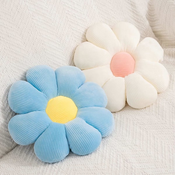 2 st Blomkuddar (39 cm, Vit+Blå) - Blå & Vit Tusensköna Blomformade Prydnadskuddar, Söt Blommig Plysch Golvkudde för Sovrum Soffa
