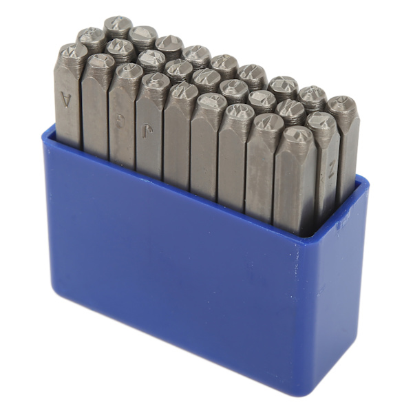 27 stk. metallstempler i høykarbonstål, sett med metallstempel for smykker og lær med oppbevaringsboks, 3 mm bokstaver