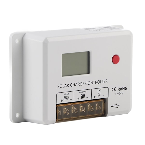 PWM solcelleladningsregulator 12V/24V automatisk genkendelse 20A IP32 vandtæt hvid til RV hjem