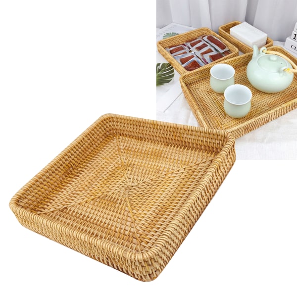 Rattanbricka bordsorganisation handvävd snacks förvaringskorg multifunktionell serveringsbricka M