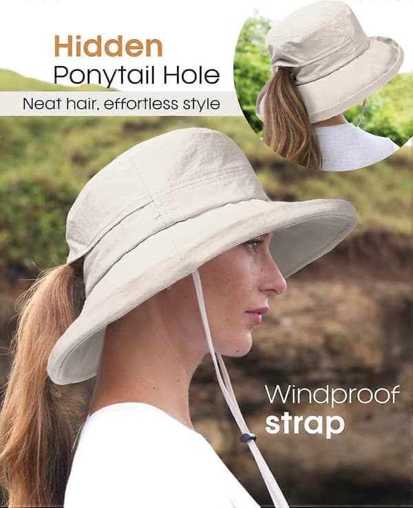 Solhatt för kvinnor UPF 80+ bred brätte, packbar bucket hat med hästsvanshål för vandring, resor, utomhusbruk