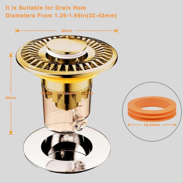 Universal sink drain plug 32-43 mm, Pop-Up Universal drain plug, Up with seals, Accelerates drainage without clogging (Gold)