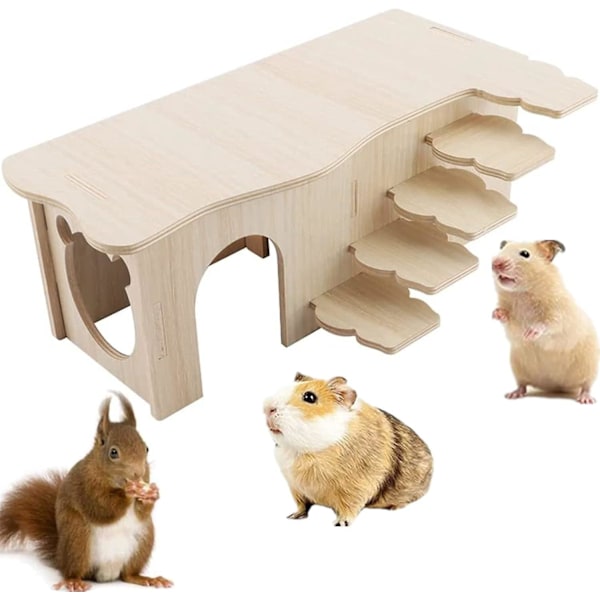 Træ Hamsterhus Gnaverbur Tilbehør til Dværghamster Marsvin Rotte Gerbil Gnaver, Hamsterhus Legetøj Hamster Marsvin Hytte, L (2 Værelser)