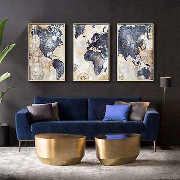 Nautical World Map Canvas Print Triptych - 90x60 cm - Wind Rose Art - Veggdekorasjon