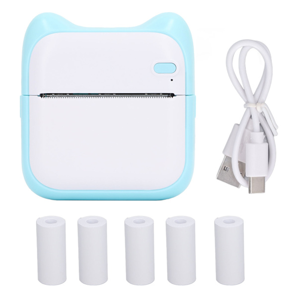 Mini lommeprinter med 5 ruller papir Bluetooth-printer termisk printmaskine til etiketfotofejl notesbog blå