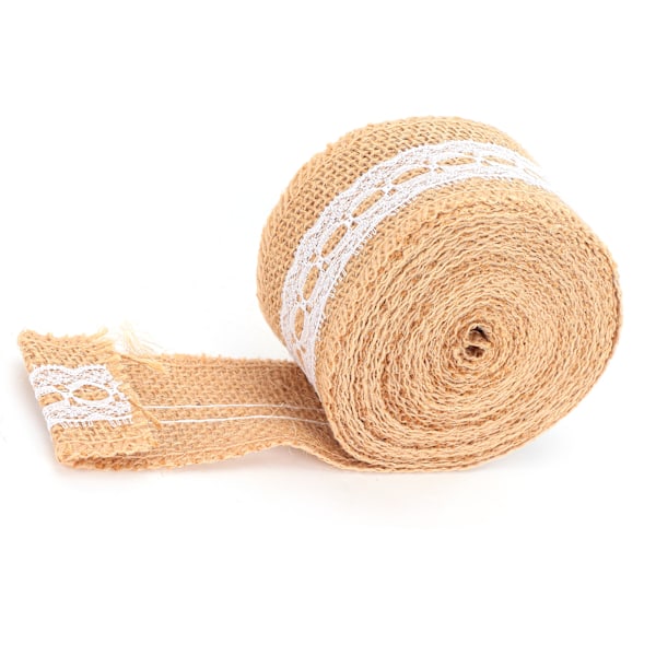 Hesselband med hvit blonder Naturlig jute rull for DIY dekorasjon gaveemballasje 5 meter 5 cm hullblonder