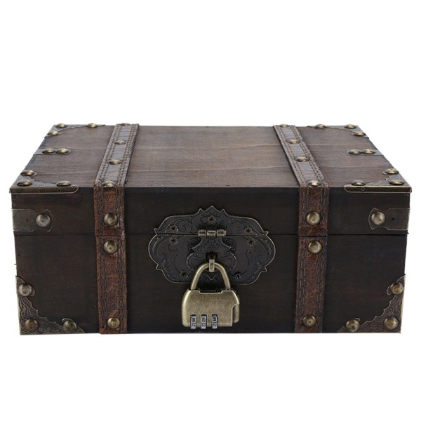 Vintage trä förvaringslåda dekorativ skatt smycken kista med lås hemdekoration (62822302GK10 grå lås)
