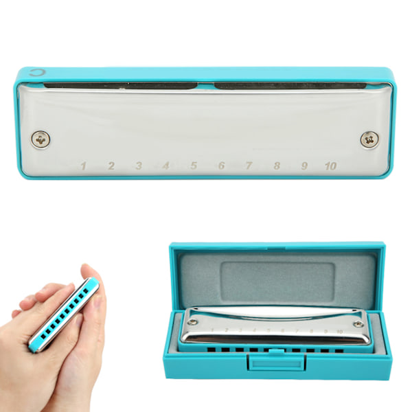 Blues Harmonica 10-hulls munnspill C-nøkkel rustfritt stål deksel liten søt bærbar gave (blå)