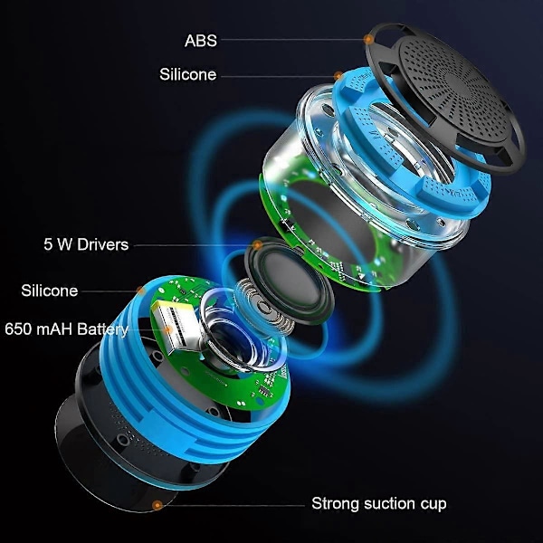 Vanntett Bluetooth Høyttaler Bærbar Trådløs Dusjhøyttaler med HD Bass, FM Radio, Fargerik LED Effekt, Sterkt grep