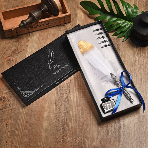 Europeisk vintage fjäder Reservoarpenna Kalligrafi Quill Dip Pen Set Heminredning Present (Vit)