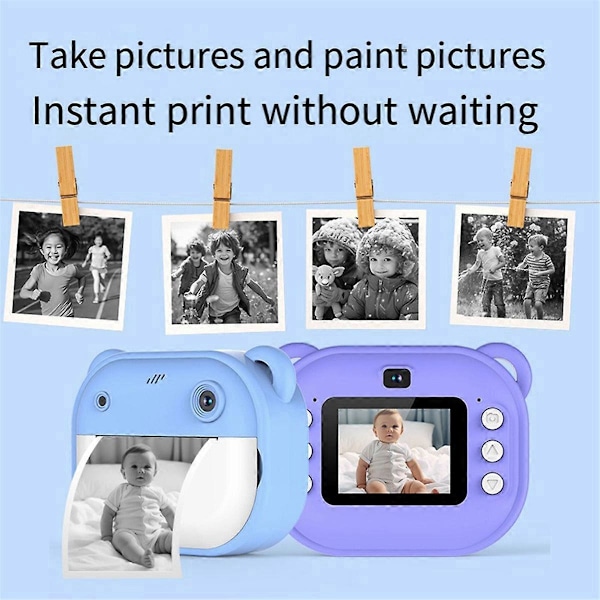 Børne Print Kamera Dobbelt Kamera One-Touch Printbart Kamera Blå