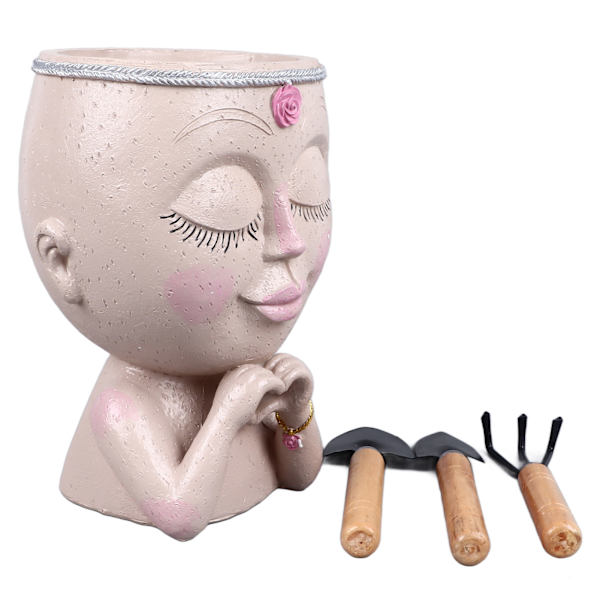 Ansiktsplanter Pot Resin Love Style Lady Head Sukkulent Planter Kvinne Ansikt Blomsterpotte med Dreneringshull Spader for Innendørs Utendørs Hvit