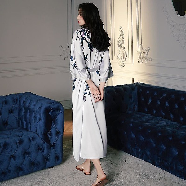 Blomsterprint Kimono Morgenkåbe - Elegant Satin Robe til Kvinders Bryllups Pyjamas Fest (One Size: 45kg-90kg)